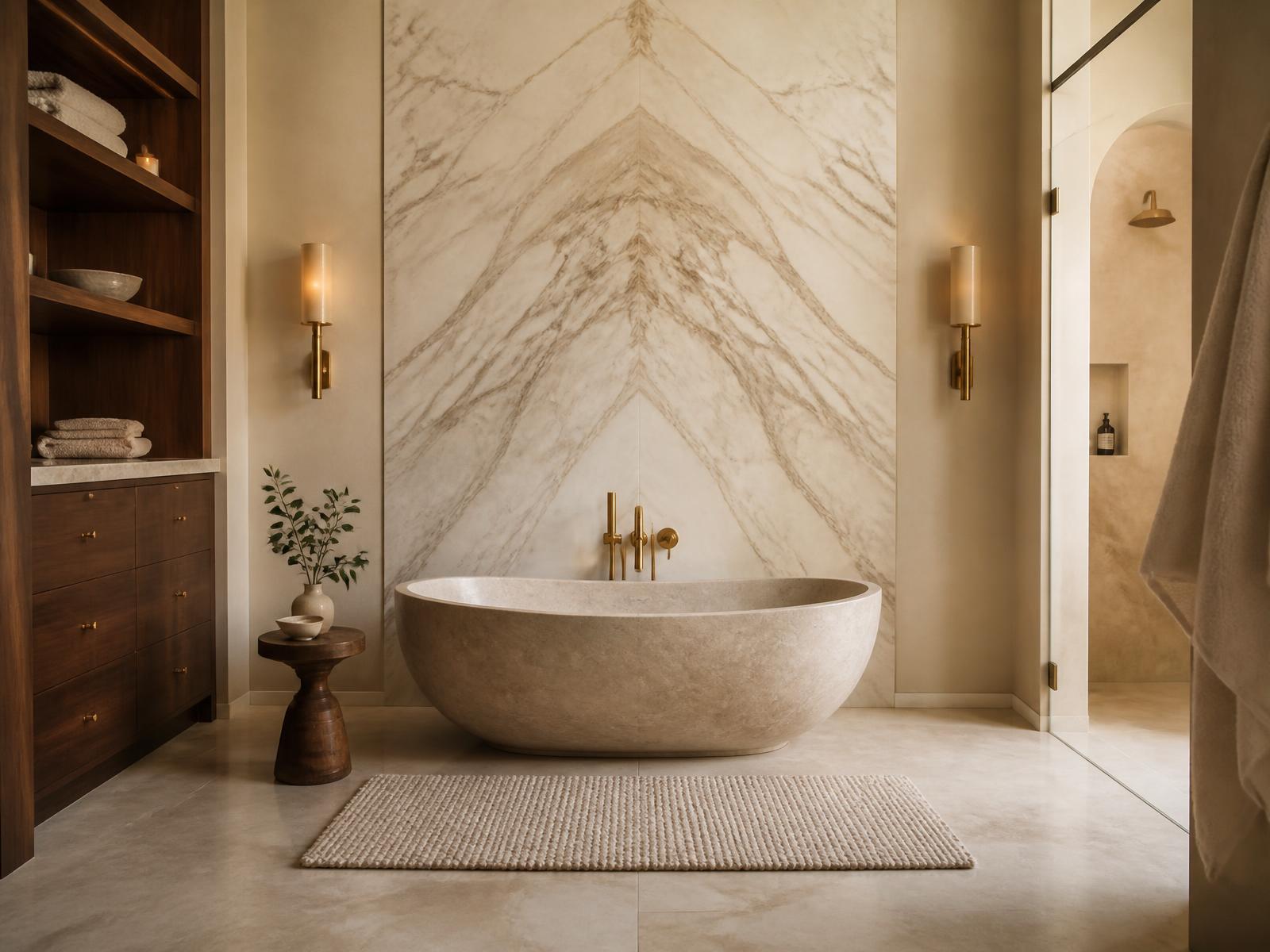 Spa bathroom with book-matched marble and stone tub