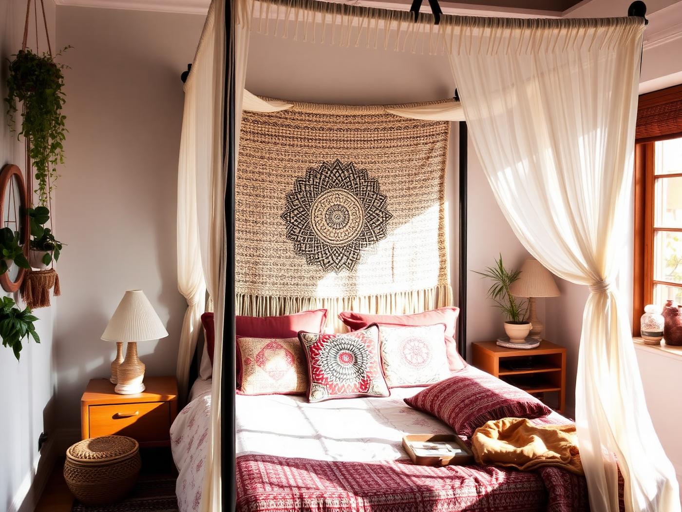Boho bedroom with canopy bed and woven wall hanging