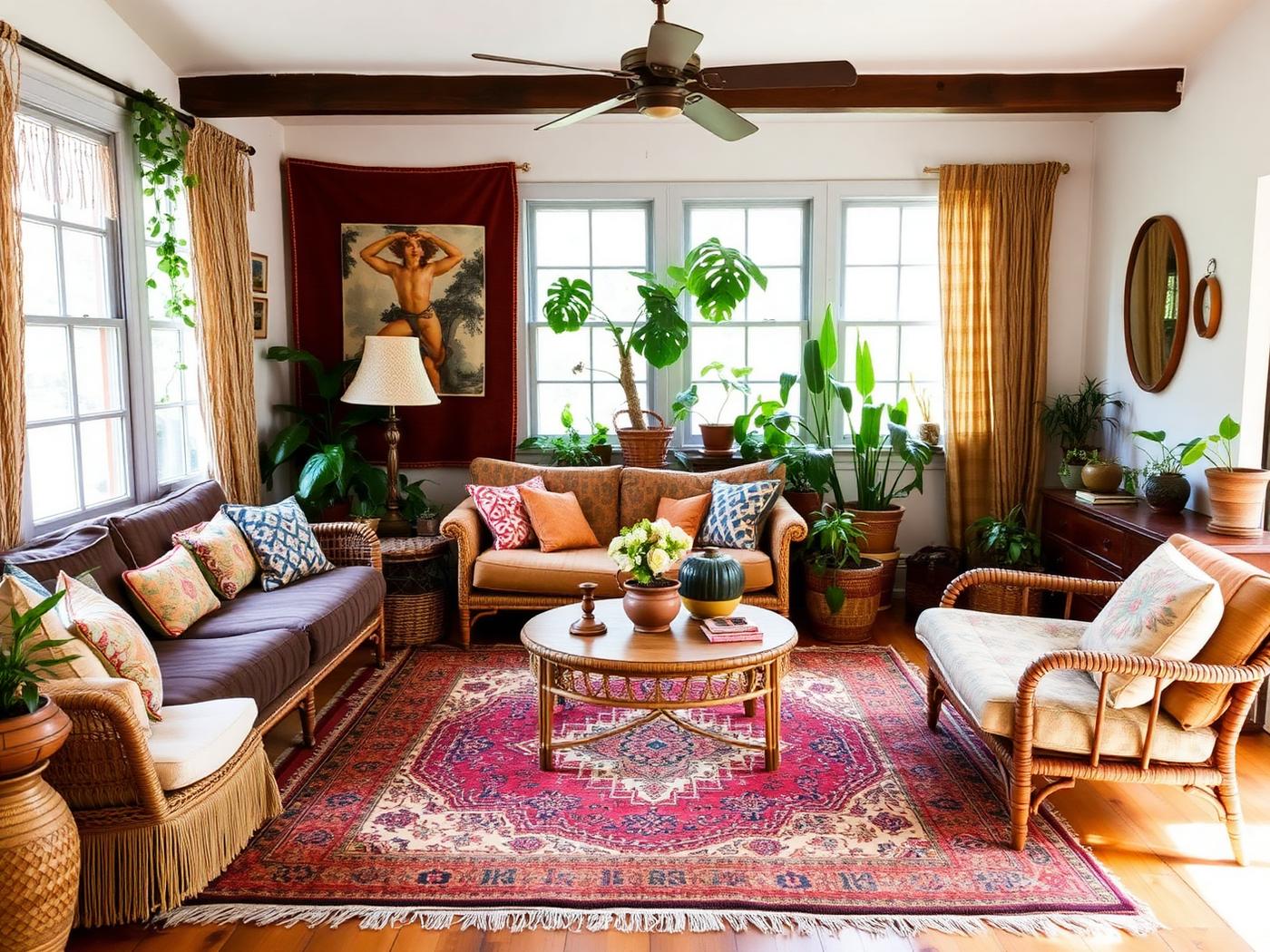 Eclectic bohemian living room with layered vintage rugs and plants in a Tempe bungalow