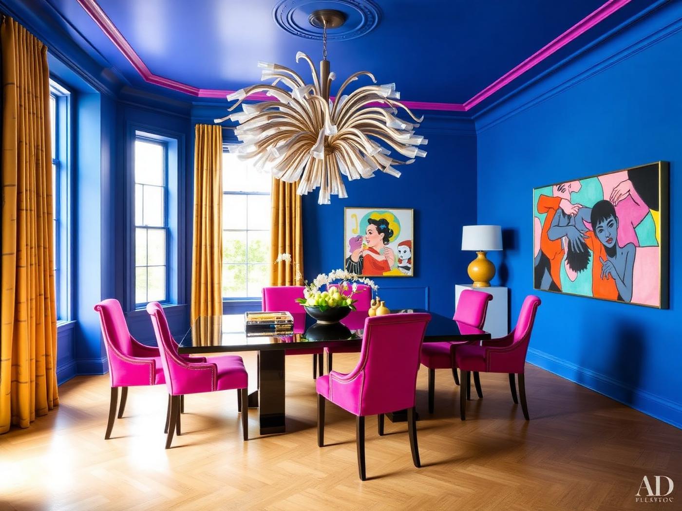 Eccentric dining room with cobalt walls and hot pink chairs