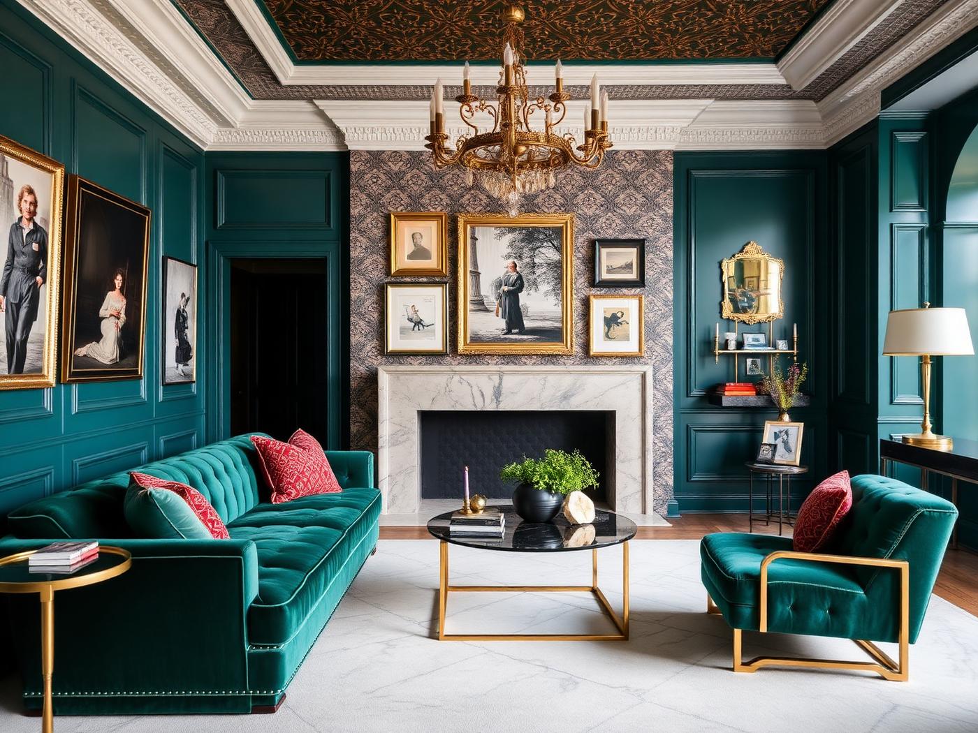 Bold maximalist living room with emerald velvet sofa and teal lacquered walls in Scottsdale