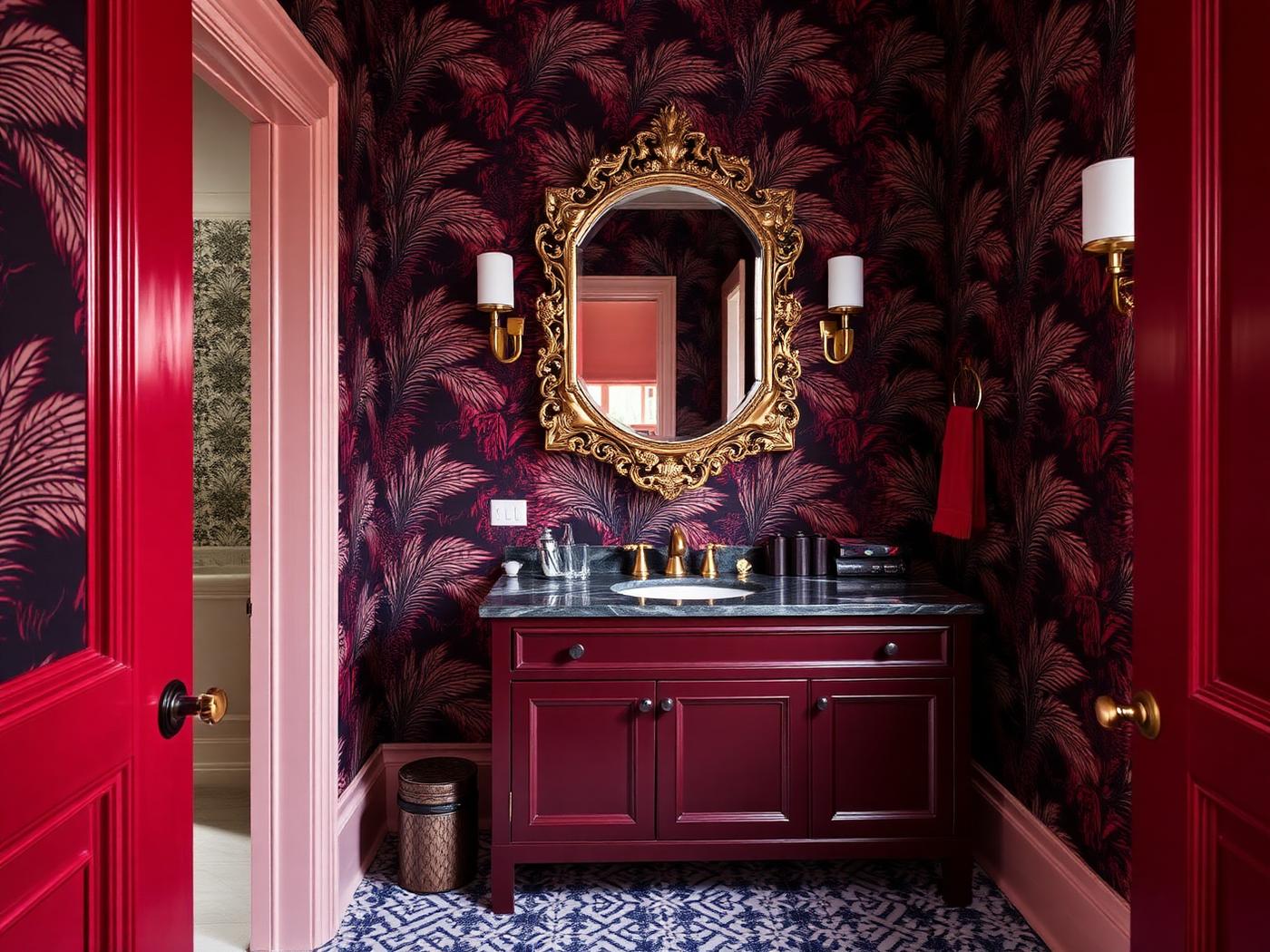 Dramatic powder room with patterned wallpaper and oxblood vanity
