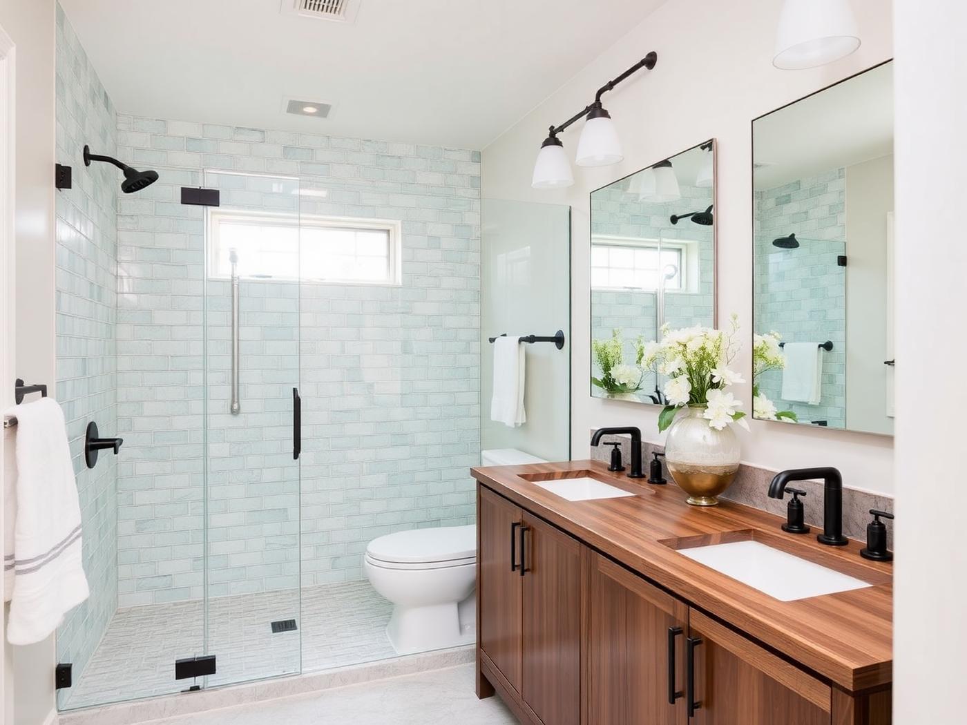 Renovated family bathroom with zellige tile and walnut vanity