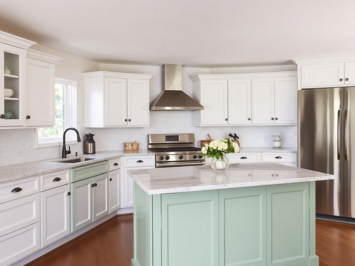 Remodeled kitchen with sage green island and quartz counters