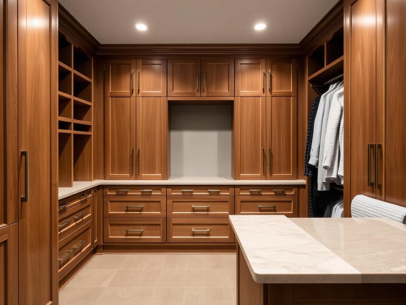 Custom walk-in closet with oak cabinetry and stone-topped island