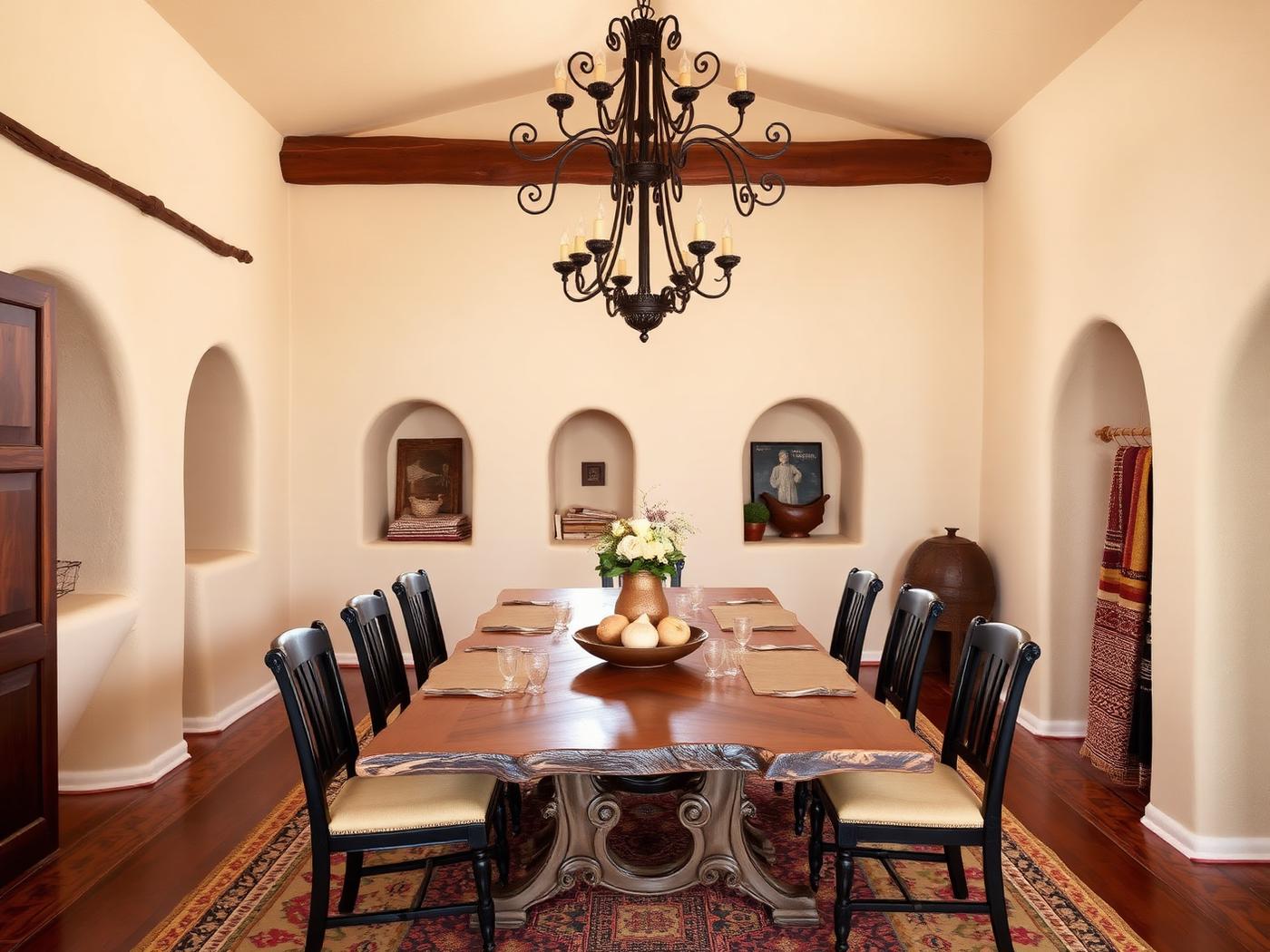 Southwestern dining room with mesquite table and iron chandelier