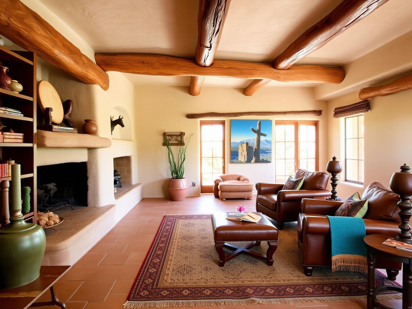 Southwest desert style living room with adobe walls and viga beams in Cave Creek Arizona