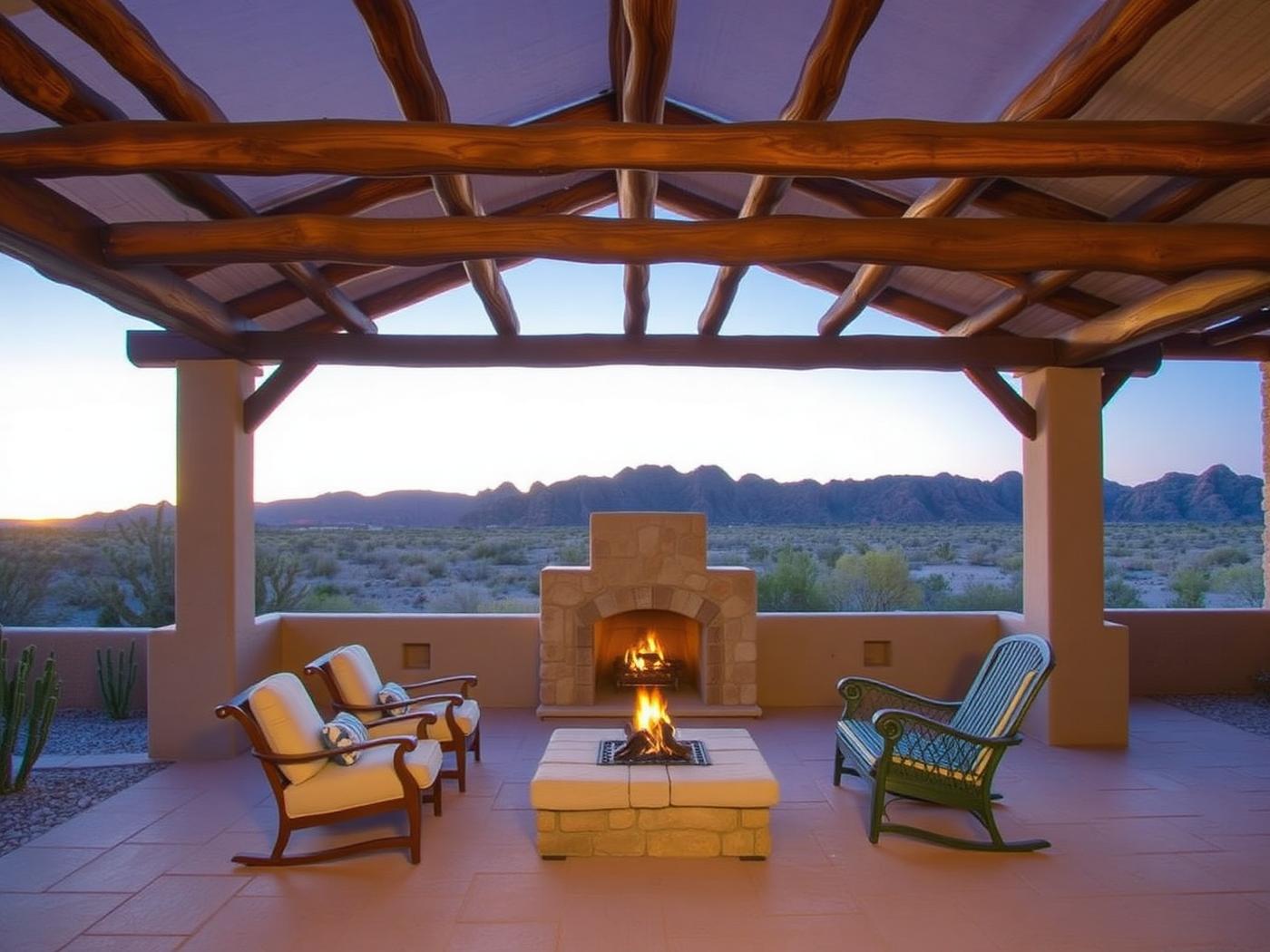 Covered adobe patio with desert mountain views at golden hour