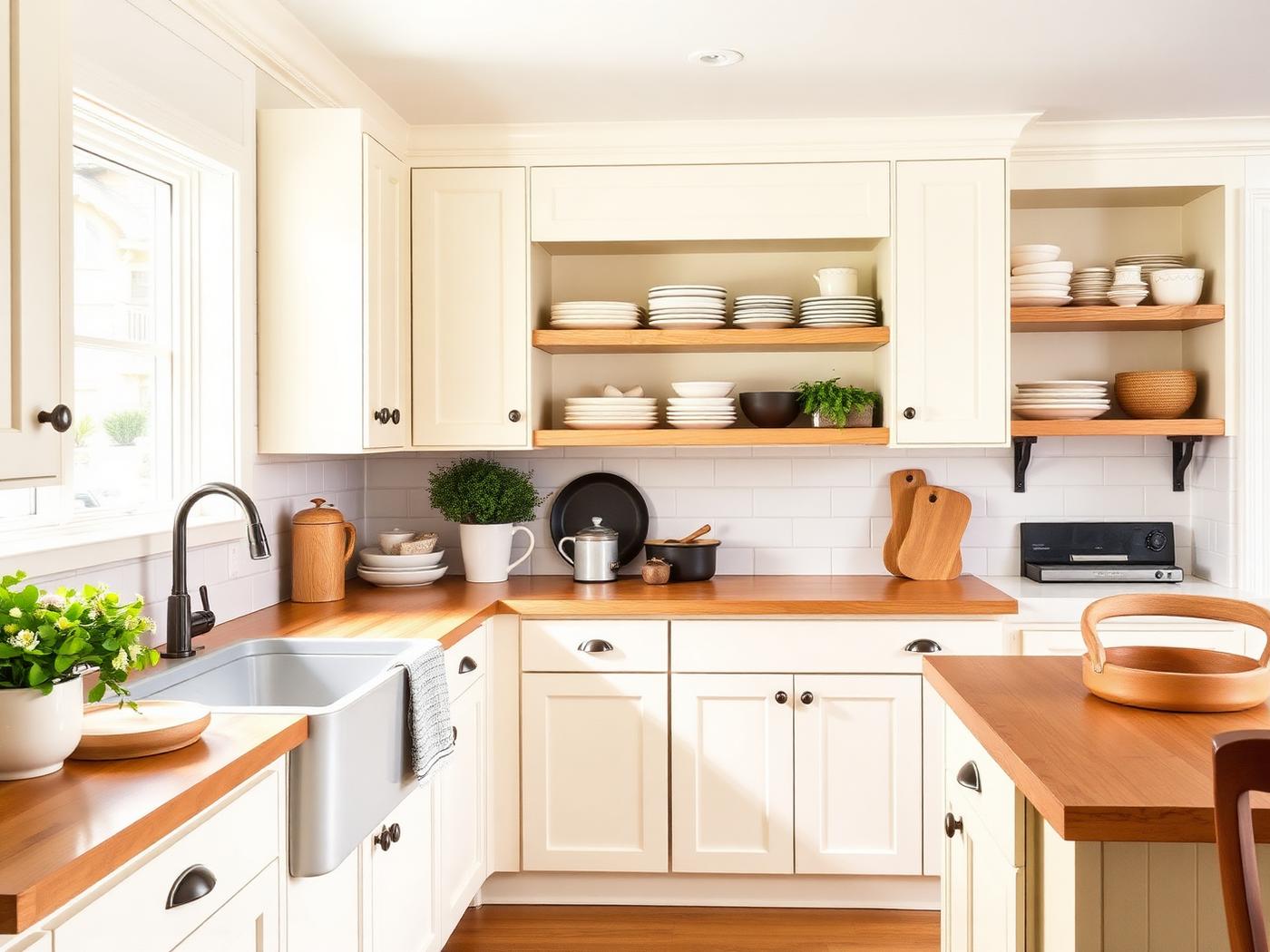 Homey modern farmhouse kitchen with cream shaker cabinets and butcher block counters in Gilbert Arizona