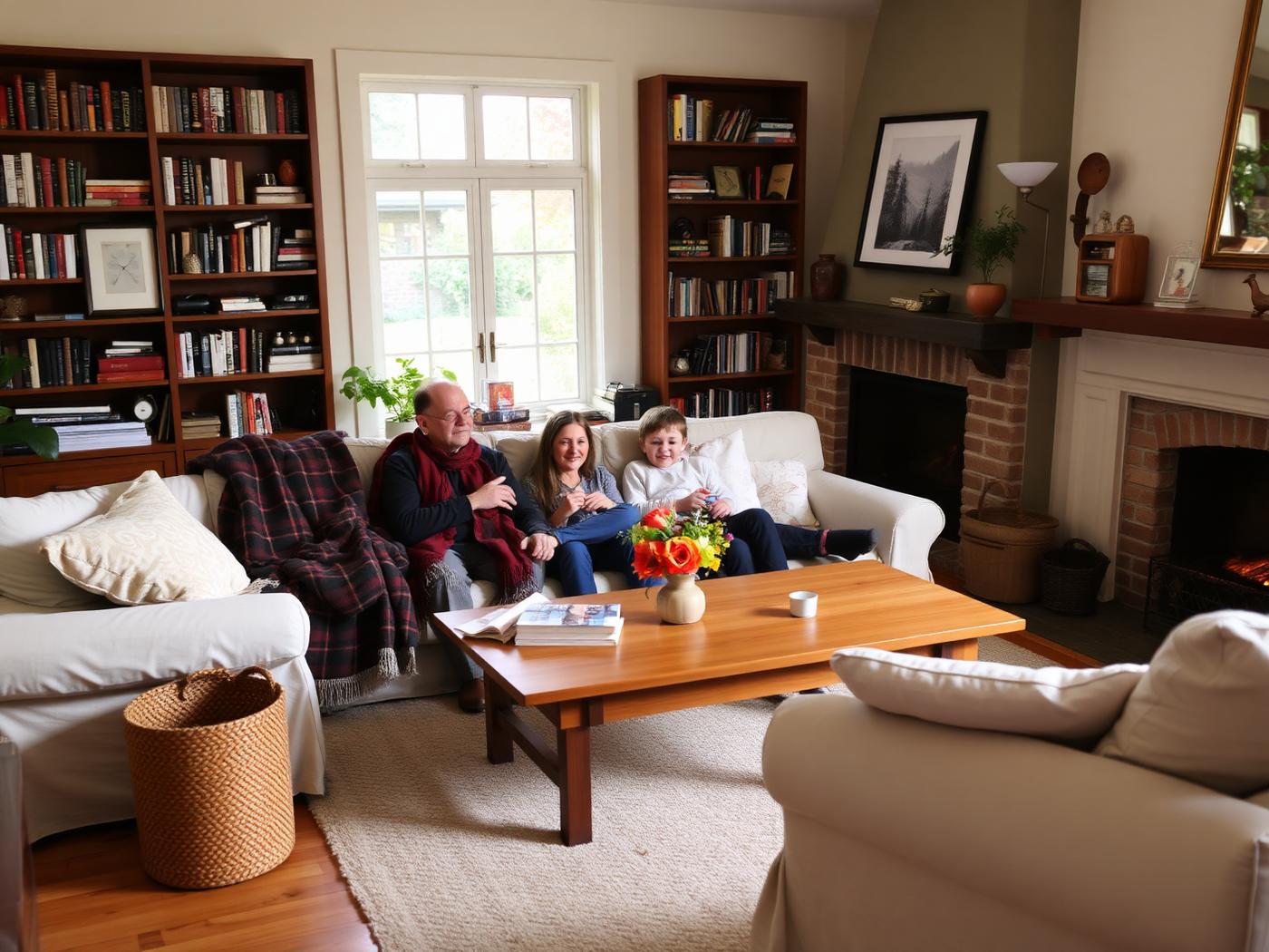 Cozy family living room with slipcovered sofas and fireplace