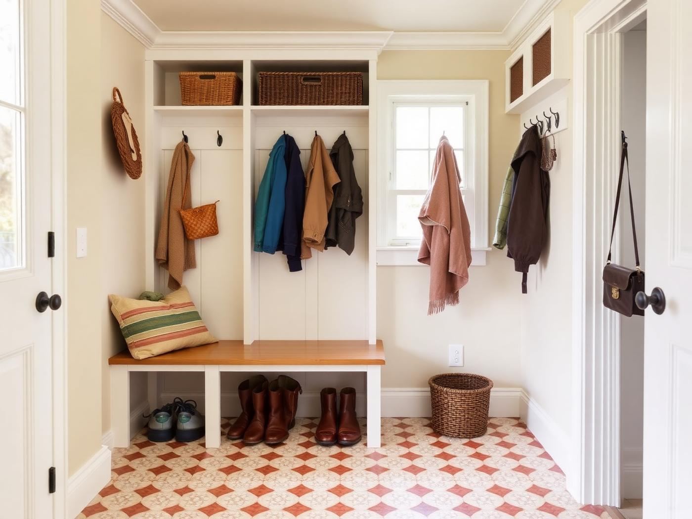 Farmhouse mudroom with built-in bench and checkerboard tile