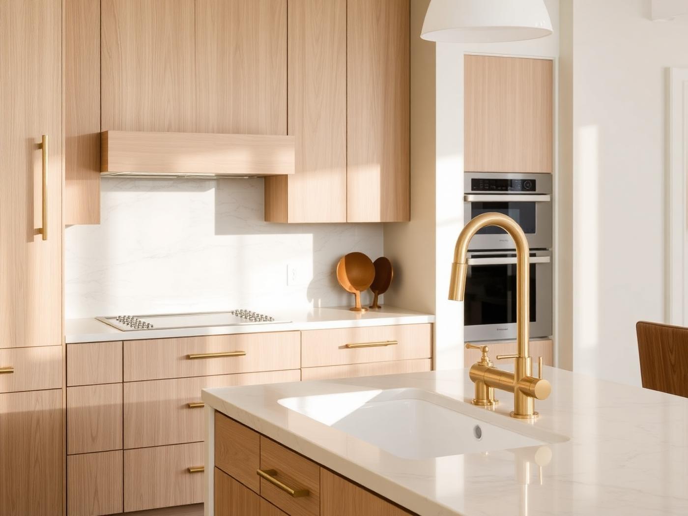 White oak cabinetry and marble backsplash detail with brass faucet