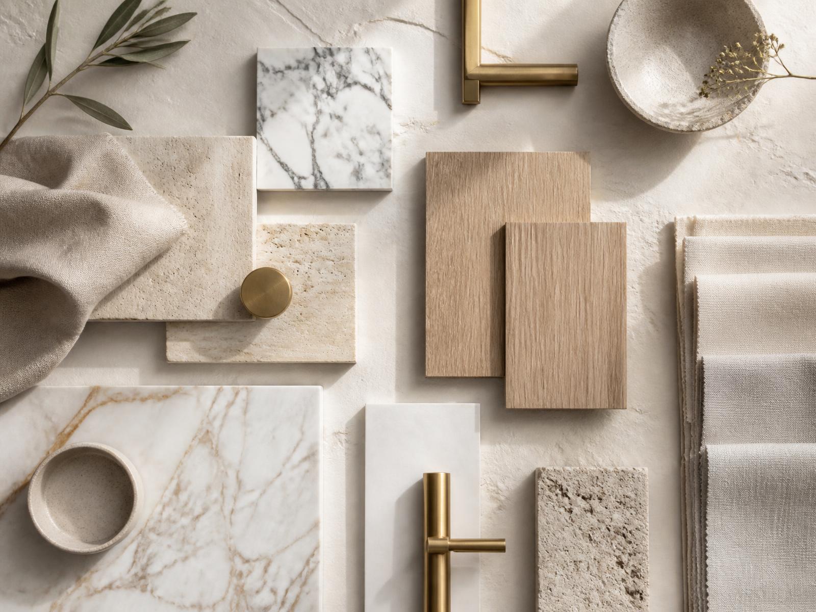 Interior design material palette of marble, travertine, white oak and brass selected for a Phoenix home