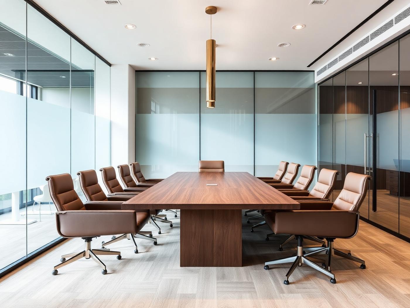 Boardroom with walnut table, leather chairs and brass pendant