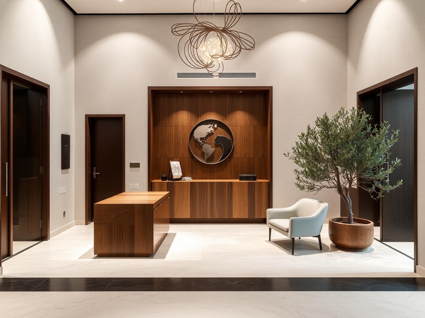 Office reception entry with plaster walls and sculptural pendant