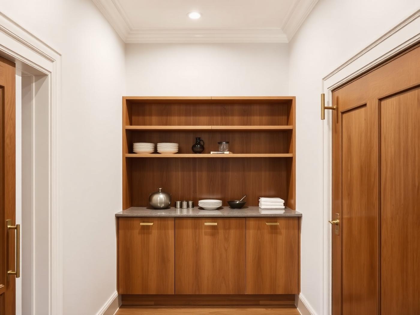 Walk-in butler's pantry with oak shelving and stone counter