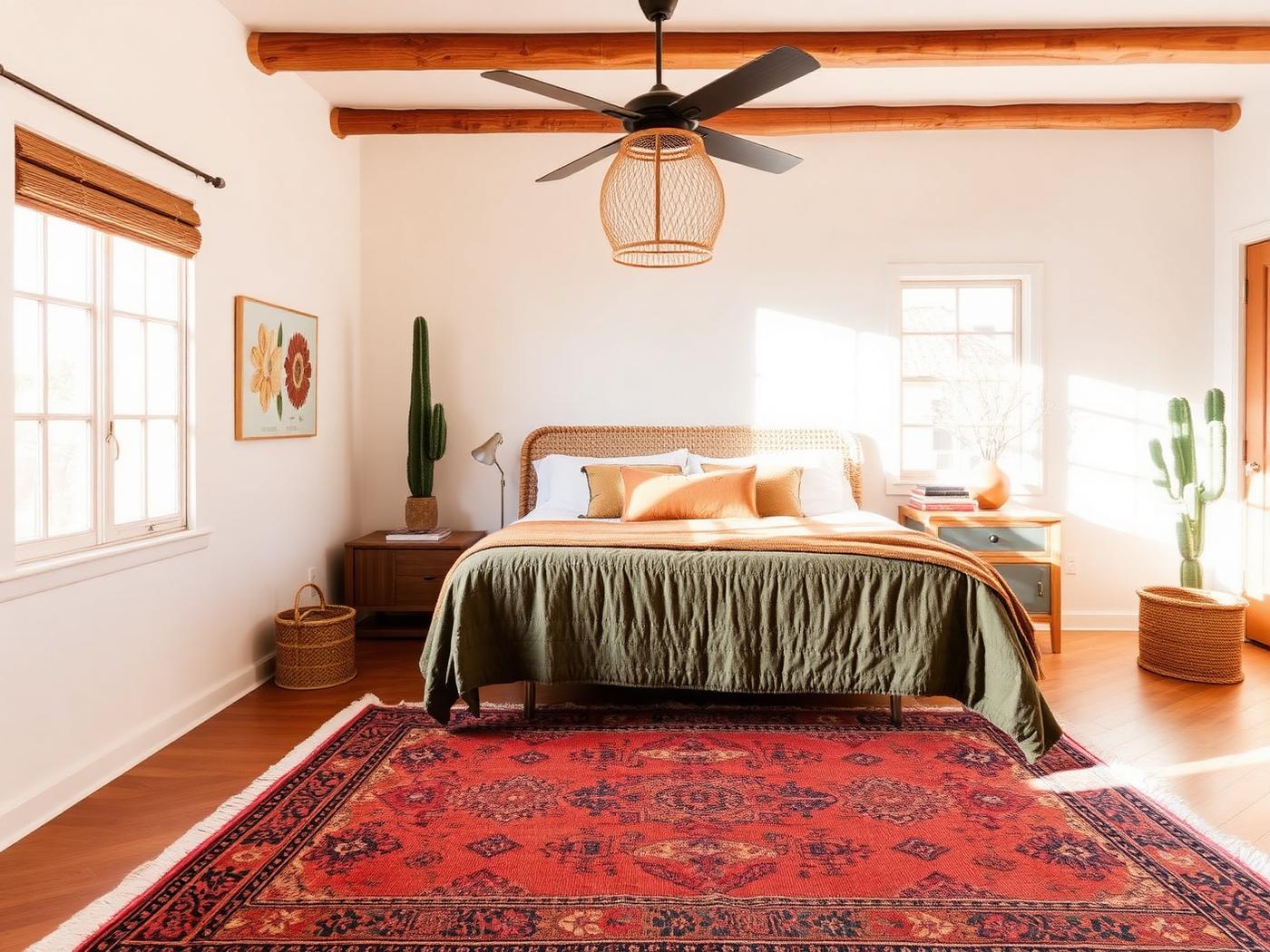 Rental guest bedroom with rattan headboard and vintage rug