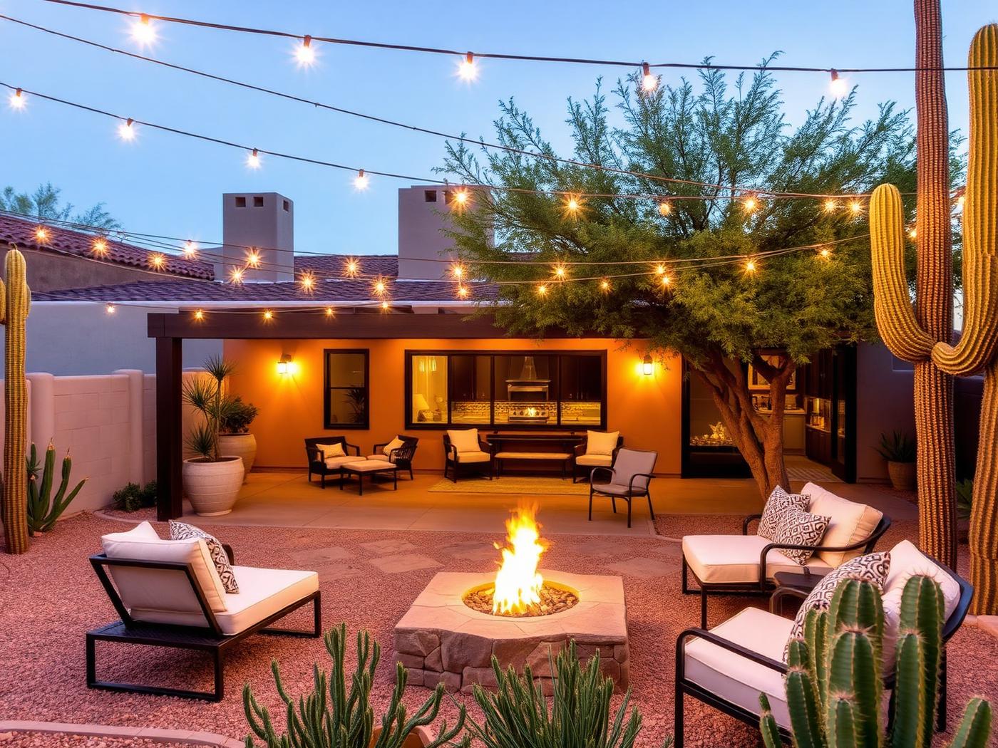 Casita patio at dusk with string lights and fire pit