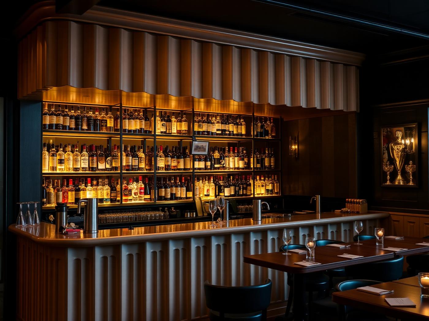 Fluted plaster bar with backlit brass shelving