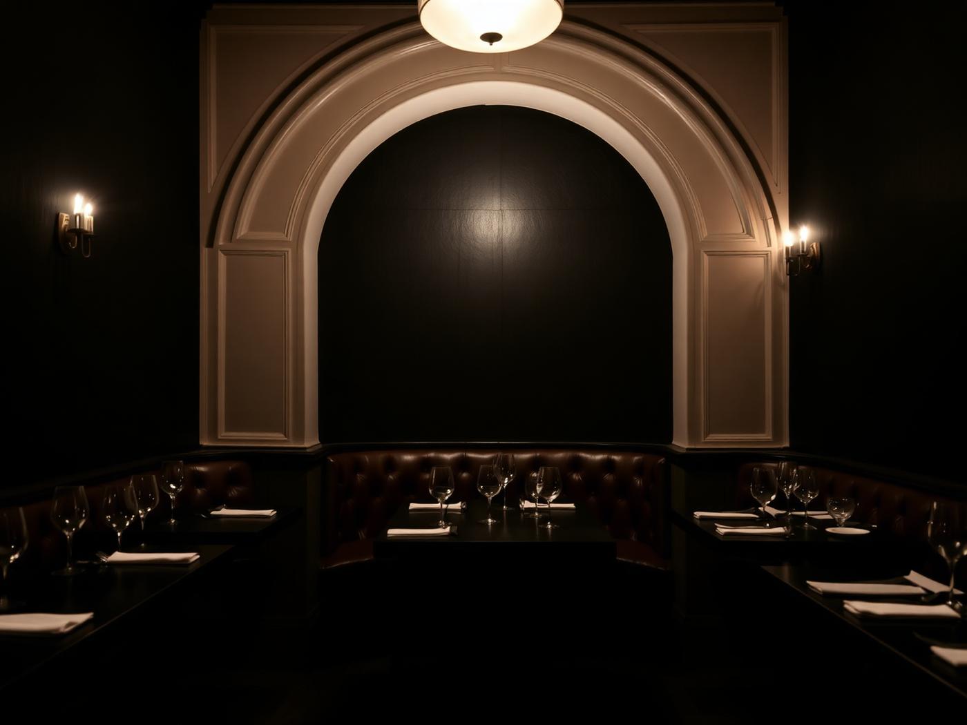 Intimate private dining room with plaster arch and candle sconces