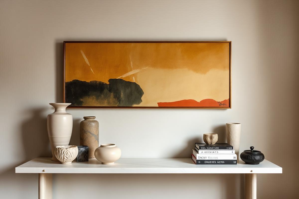 Styled accessories and material samples on a plaster surface