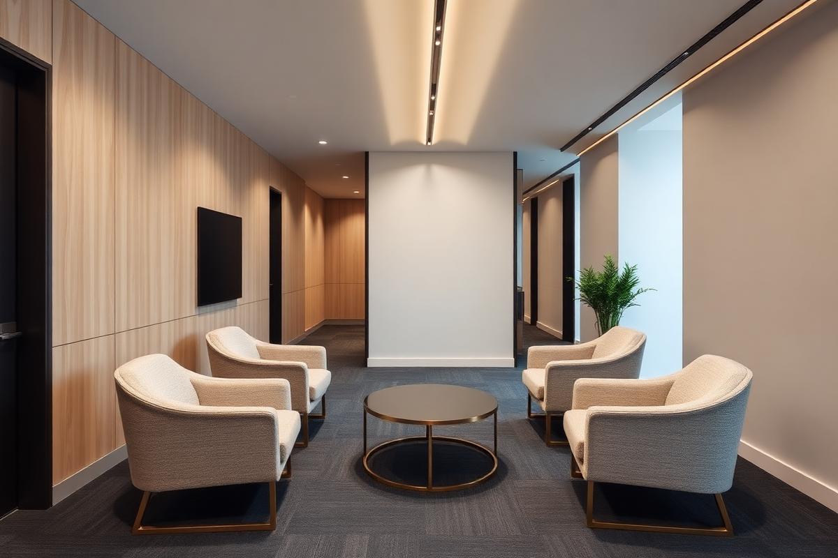 Commercial interior design of a Phoenix office lounge with oak millwork and brass lighting