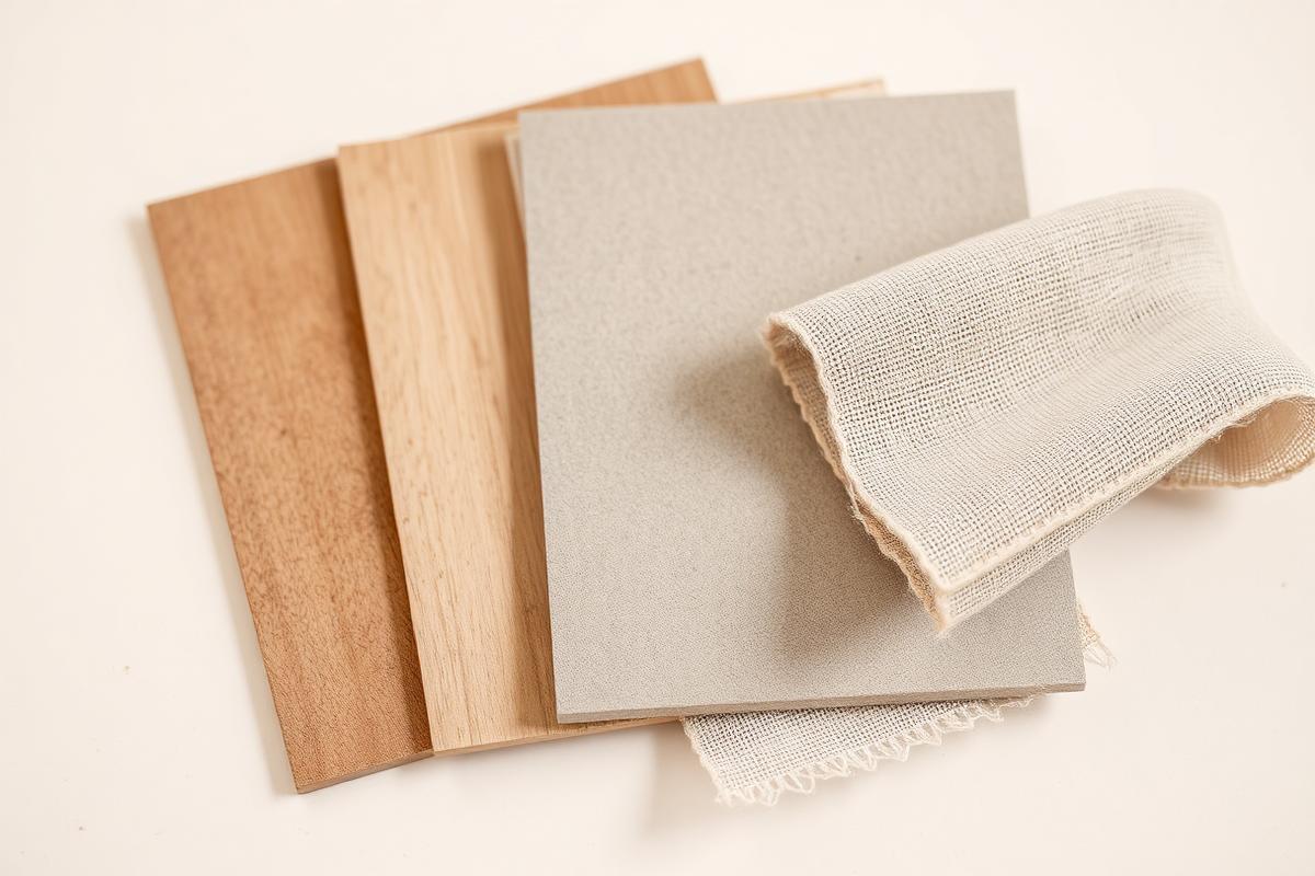 Interior design material palette with marble, travertine, oak and brass samples