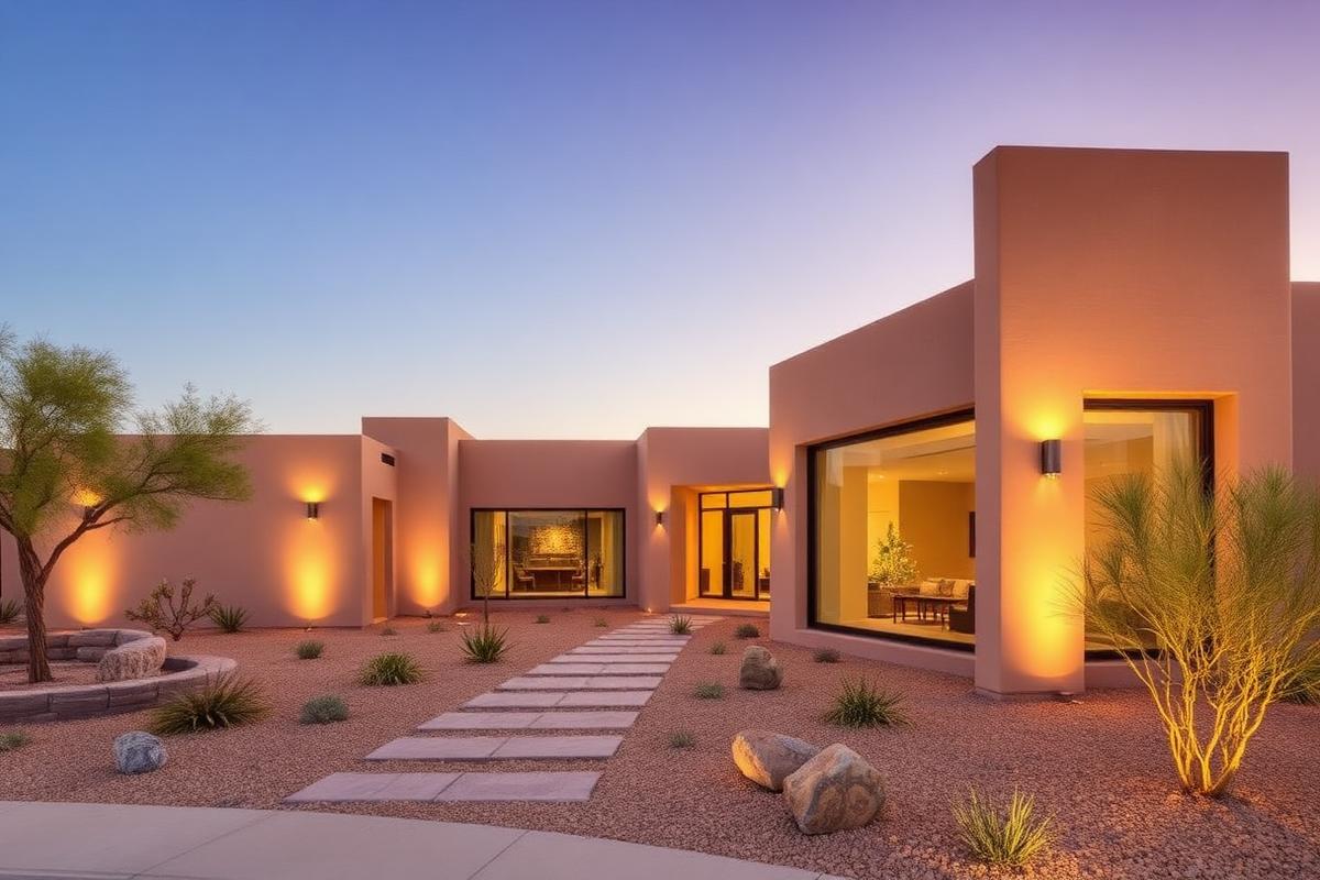 New construction desert contemporary home in Scottsdale at dusk