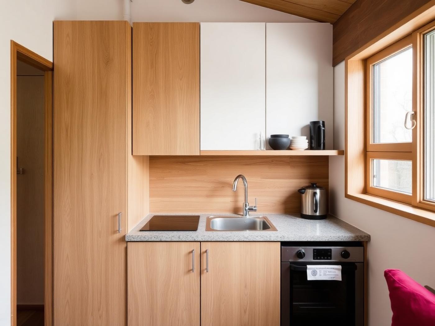 Oak kitchenette with stone counter in a Tempe guest house