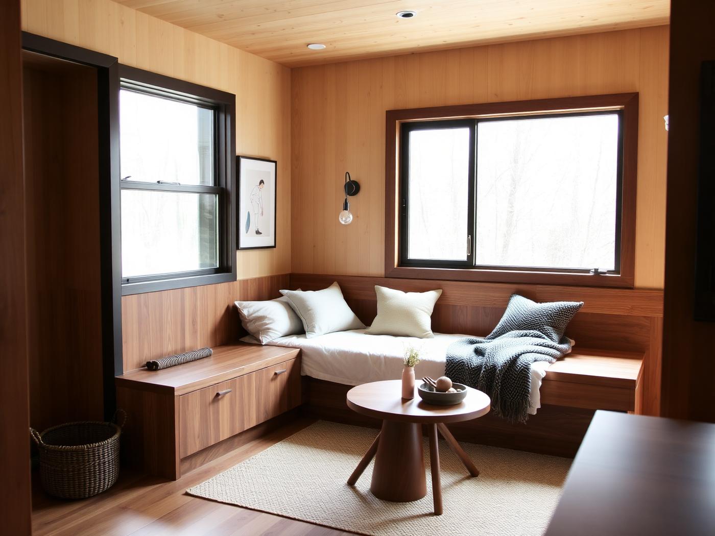 Guest house living area with built-in bench seating and daybed